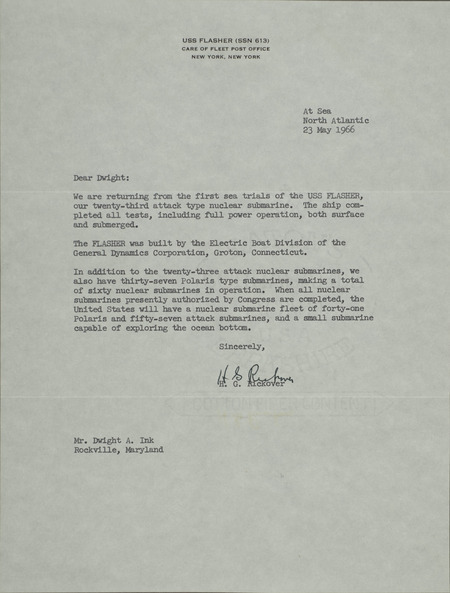 H. G. Rickover letter to Dwight Ink, May 23, 1966