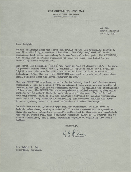 H. G. Rickover letter to Dwight Ink, July 25, 1967