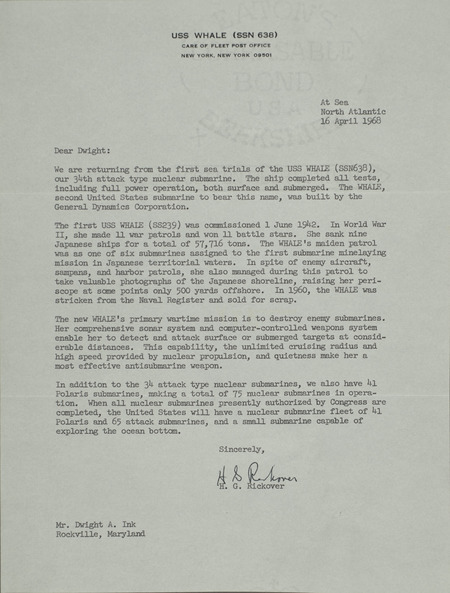 H. G. Rickover letter to Dwight Ink, April 16, 1968