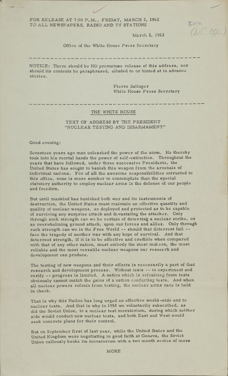 Annotation: "For release at 7:00 P.M., Friday, March 2, 1962 to all newspapers, radio and TV stations"