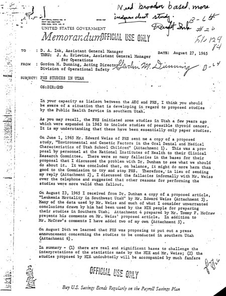 Annotation: "Official use only. PHS studies in Utah"