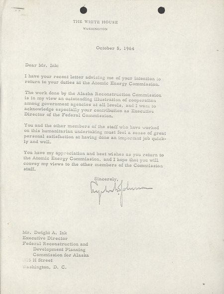 Lyndon B. Johnson letter to Dwight A. Ink, October 5, 1964