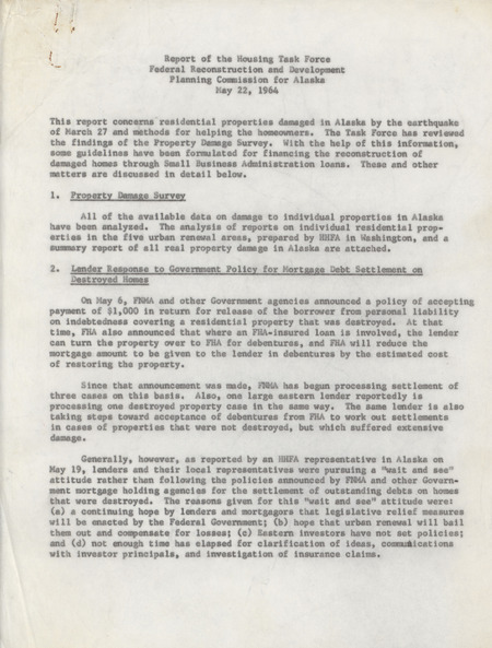 Report of the housing task force Federal Reconstruction and Development Planning Commission for Alaska, May 22, 1964