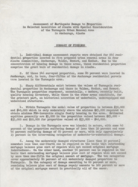 Assessment of earthquake damage to properties in selected localities of Alaska with special consideration of the Turnagain urban renewal area in Anchorage, Alaska