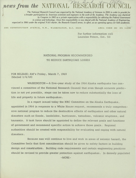 News from the National Research Council: national program recommended to reduce earthquake losses, March 7, 1969