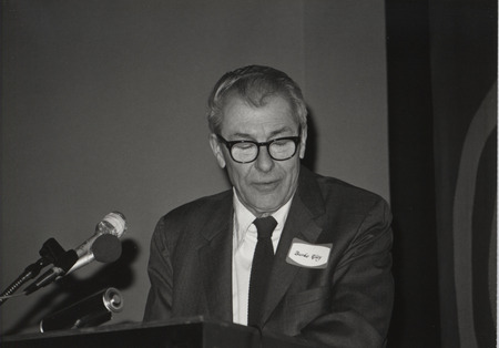Photograph of Burke Riley at the great Alaska earthquake remembrance banquet, March 27, 1984