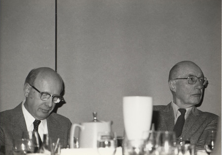 Photograph of Dwight A. Ink and Joseph H. FitzGerald at the great Alaska earthquake remembrance banquet, March 27, 1984