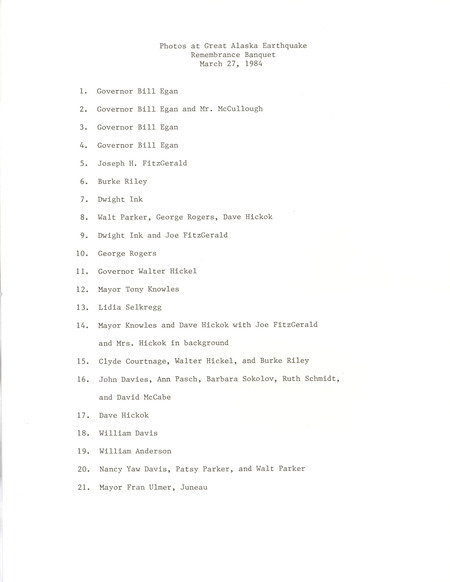 List of photos taken at the great Alaska earthquake remembrance banquet, March 27, 1984
