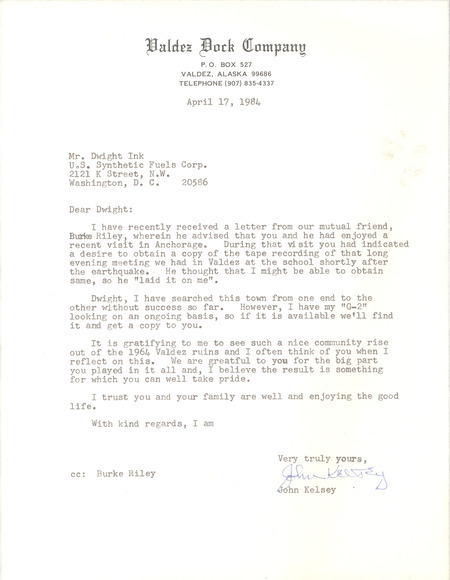 John Kelsey letter to Dwight Ink, April 17, 1984