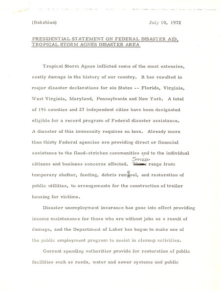 Presidential statement on federal disaster aid, tropical storm Agnes disaster area