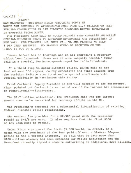 UPI newswire article about Nixon's tropical storm Agnes relief announcement