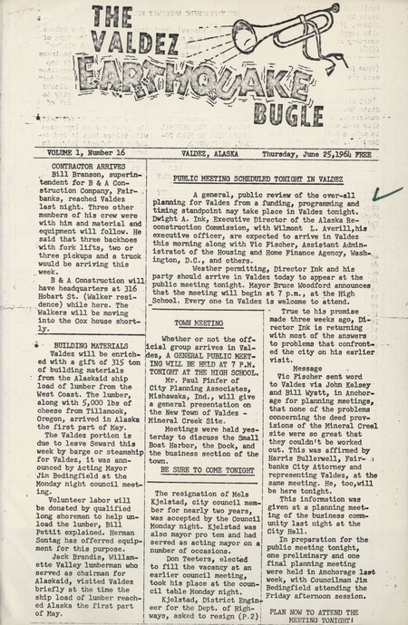 The Valdez earthquake bugle, June 25, 1964