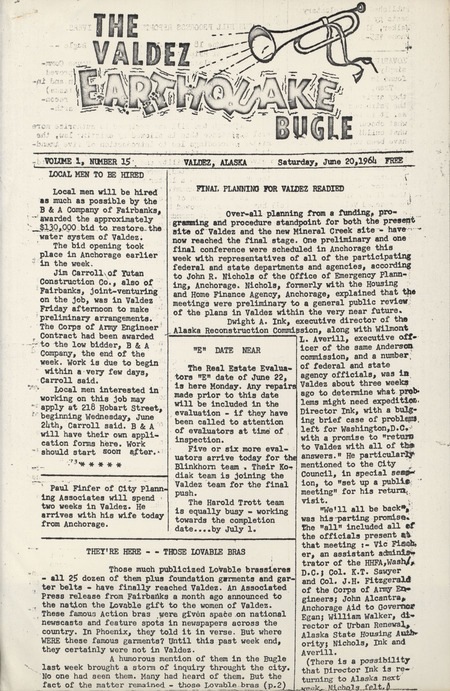The Valdez earthquake bugle, June 22, 1964