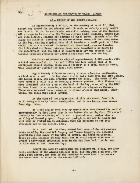 Statement of the status of Seward, Alaska, as a result of the recent disaster