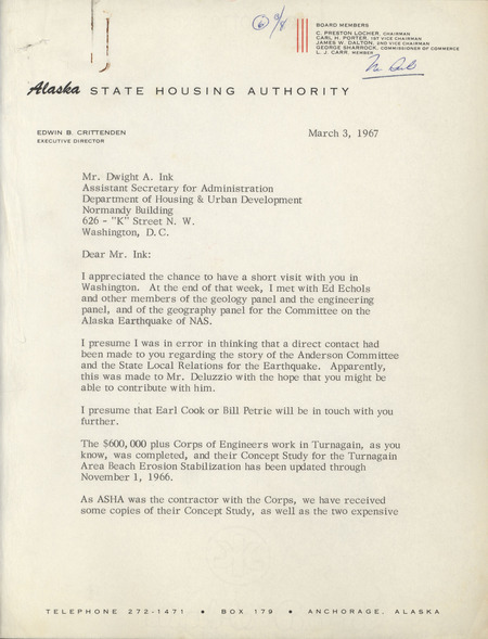 Edwin B. Crittenden letter to Dwight A. Ink, March 3, 1967