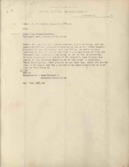 Robert A. Finlayson memorandum, February 8, 1967
