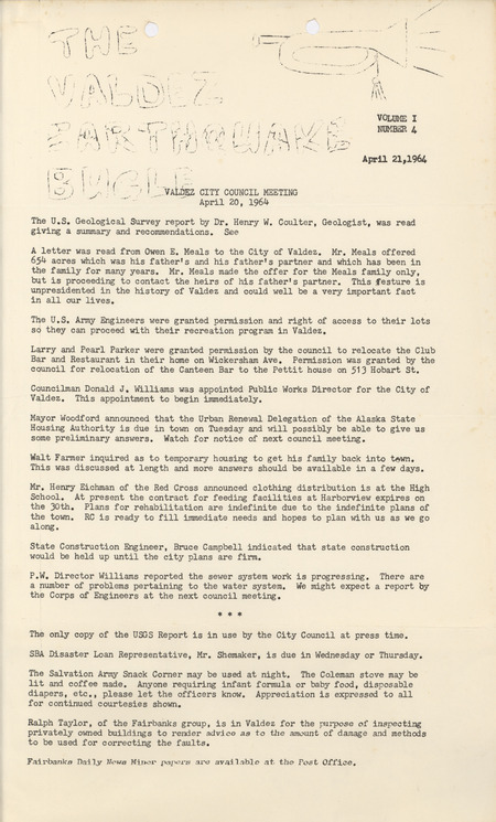 The Valdez earthquake bugle, April 21, 1964