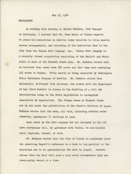 Memorandum regarding land transfer, May 25, 1964
