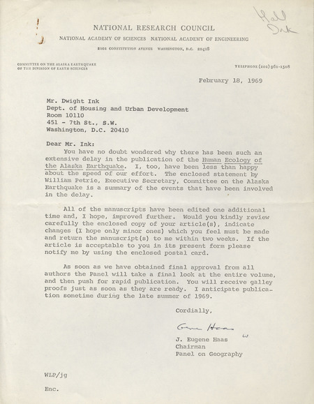Gene Haas letter to Dwight Ink, February 18, 1969