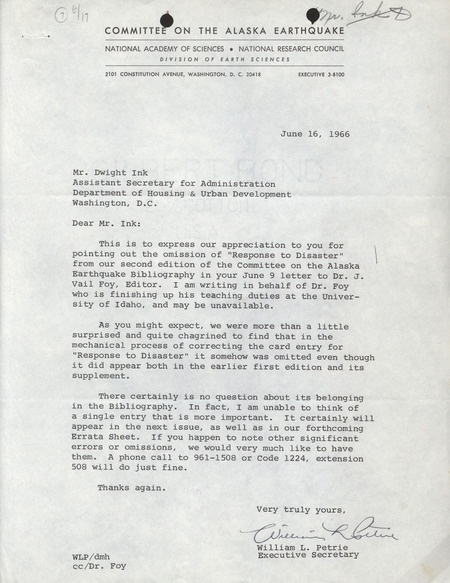 William L. Petrie letter to Dwight Ink, June 16, 1966