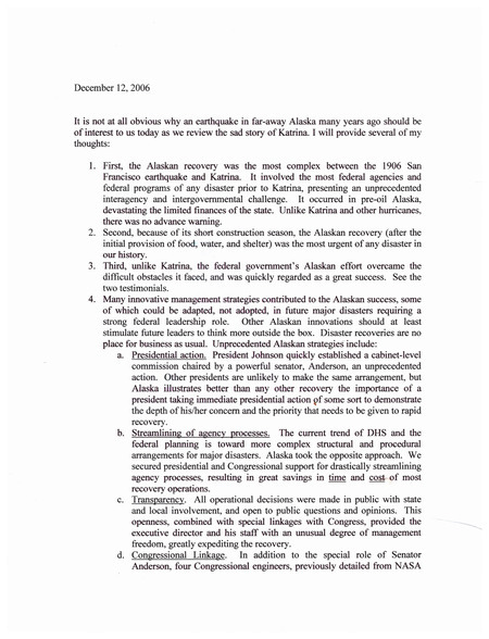 Dwight Ink letter regarding Hurricane Katrina, December 12, 2006