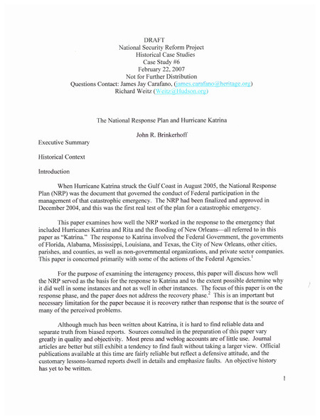 The national response plan and hurricane Katrina