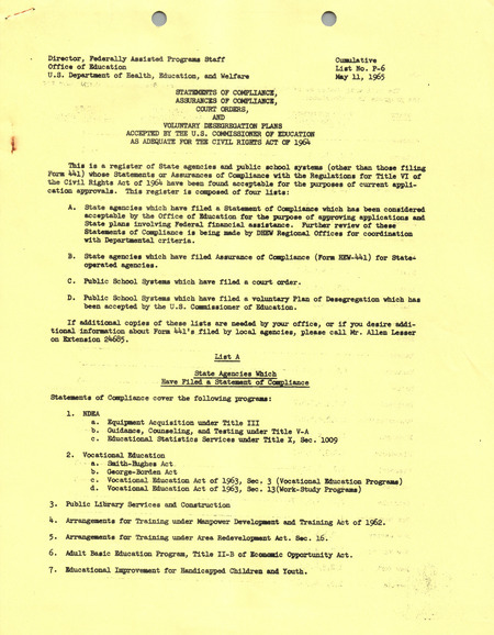 Statements of compliance, assurance of compliance, court orders, and voluntary desegregation plans accepted by the U.S. commissioner of education as adequate for the Civil Rights Act of 1964, May 11, 1965
