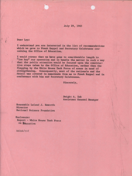 Dwight A. Ink letter to Leland J. Haworth, July 29, 1965