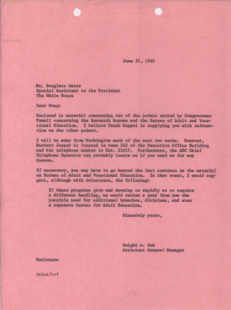 Dwight A. Ink letter to Douglass Cater, June 25, 1965