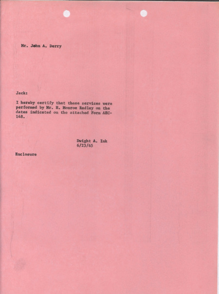 Dwight A. Ink letter to John A. Derry, June 23, 1965