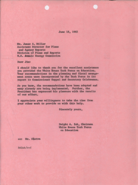 Dwight A. Ink letter to James A. Miller, June 18, 1965