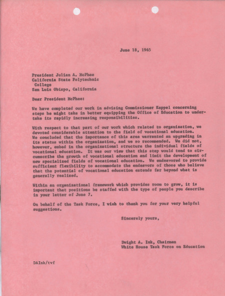 Dwight A. Ink letter to Julian A. McPhee, June 18, 1965