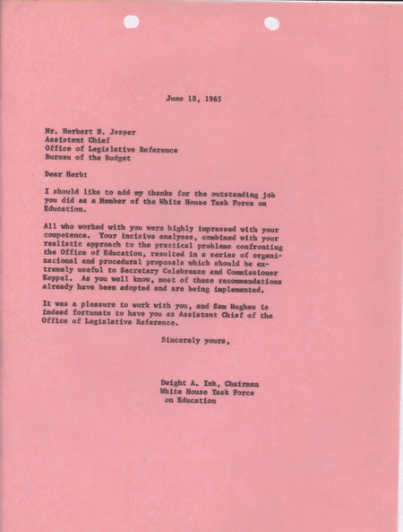 Dwight A. Ink letter to Herbert N. Jasper, June 18, 1965