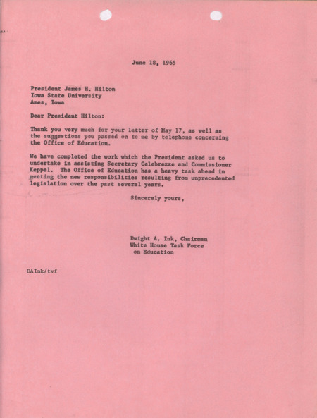 Dwight A. Ink letter to James H. Hilton, June 18, 1965