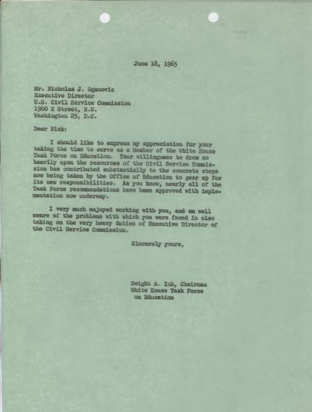 Dwight A. Ink letter to Nicholas J. Oganovic, June 18, 1965