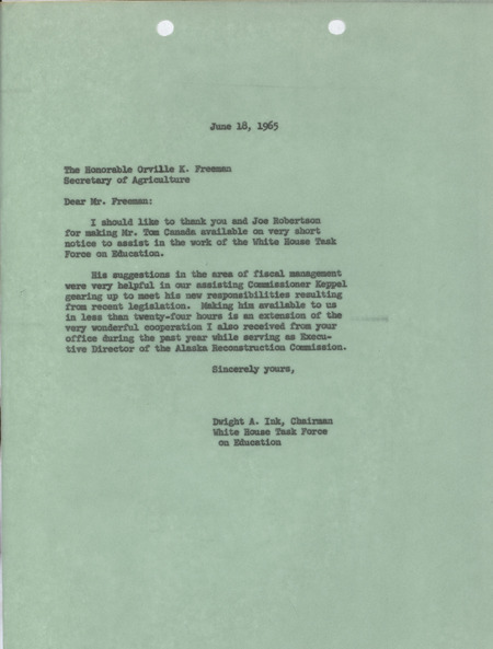 Dwight A. Ink letter to Orville K. Freeman, June 18, 1965