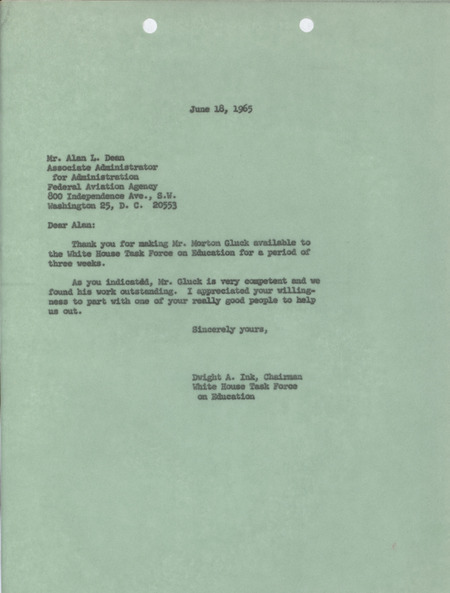 Dwight A. Ink letter to Alan L. Dean, June 18, 1965