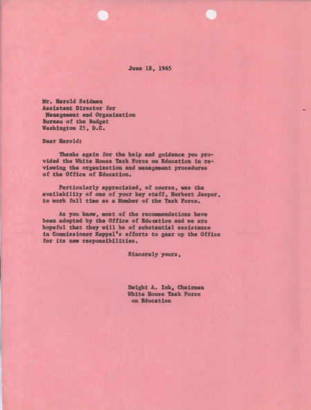 Dwight A. Ink letter to Harold Seidman, June 18, 1965