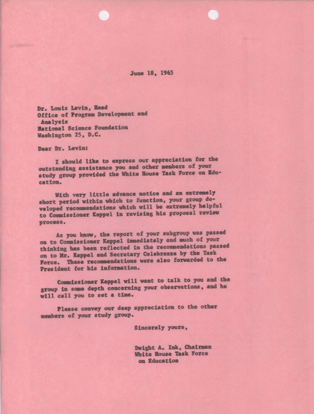 Dwight A. Ink letter to Louis Levin, June 18, 1965