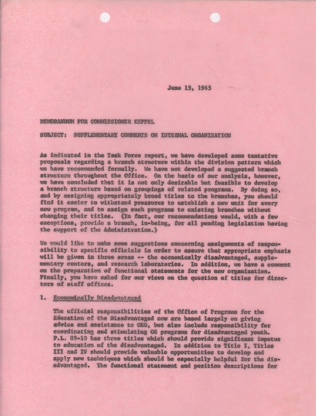 Dwight A. Ink memorandum to Commissioner Keppel, June 15, 1965