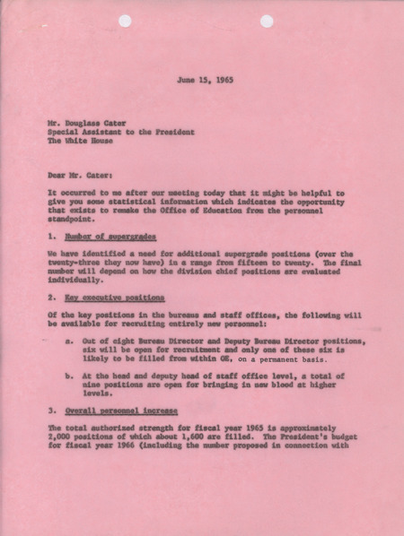 Dwight A. Ink letter to Douglass Cater, June 15, 1965