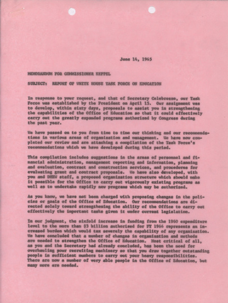 Dwight A. Ink memorandum to Commissioner Keppel, June 14, 1965