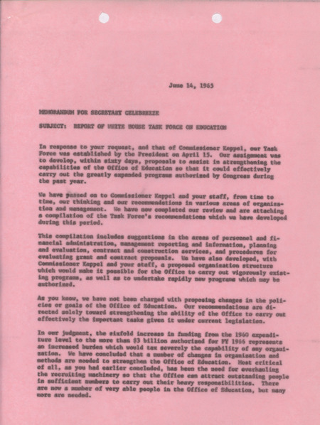 Dwight A. Ink memorandum to Secretary Celebrezze, June 14, 1965