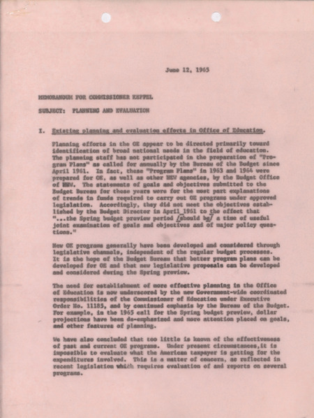 Dwight A. Ink memorandum to Commissioner Keppel regarding planning and evaluation, June 12, 1965