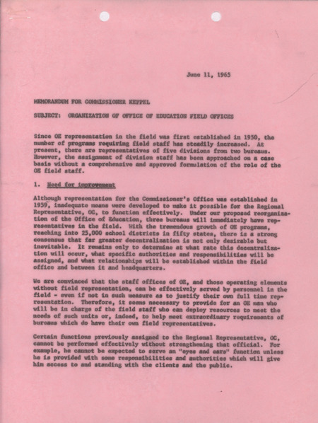 Dwight A. Ink memorandum to Commissioner Keppel, June 11, 1965