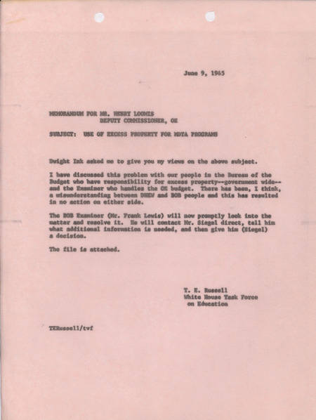 T. E. Russell memorandum to Henry Loomis, June 9, 1965