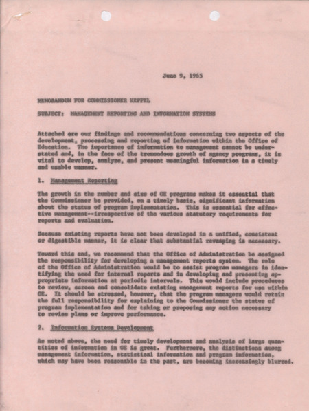Dwight A. Ink memorandum to Commissioner Keppel, June 9, 1965