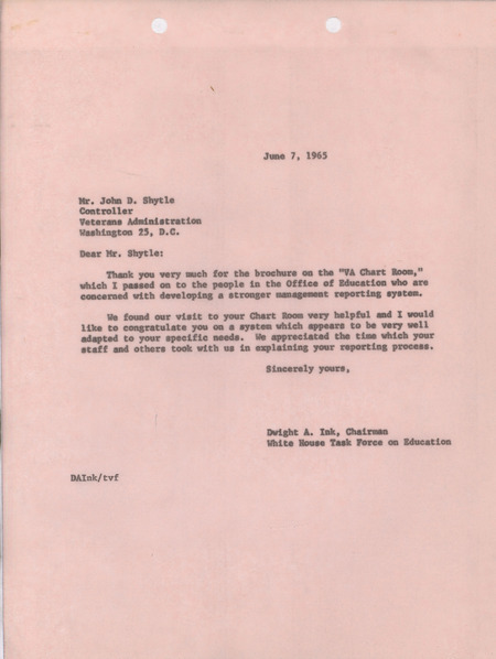 Dwight A. Ink letter to John D. Shytle, June 7, 1965