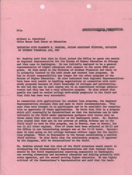 Gilbert A. Schulkind interview with Clarence E. Deakins, May 28, 1965