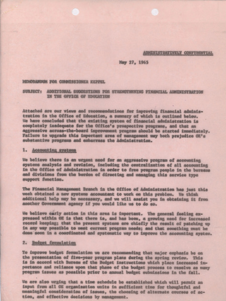 Dwight A. Ink memorandum to Commissioner Keppel, May 27, 1965